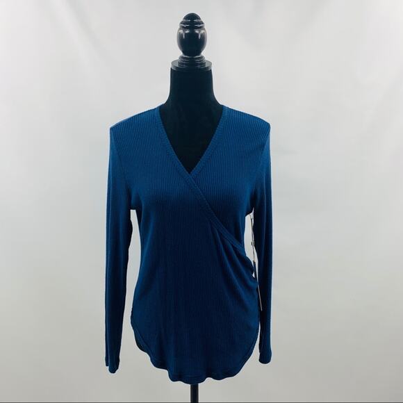 Caslon Dark Blue Faux Wrap V Neck Ribbed Tee - Picture 2 of 10